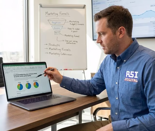 Performance marketer allocating budget across paid search and social campaigns