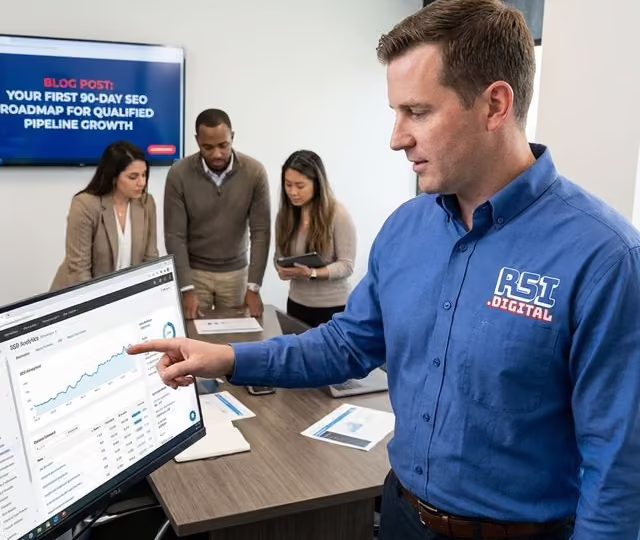 Marketing team reviewing SEO performance dashboards and keyword targets